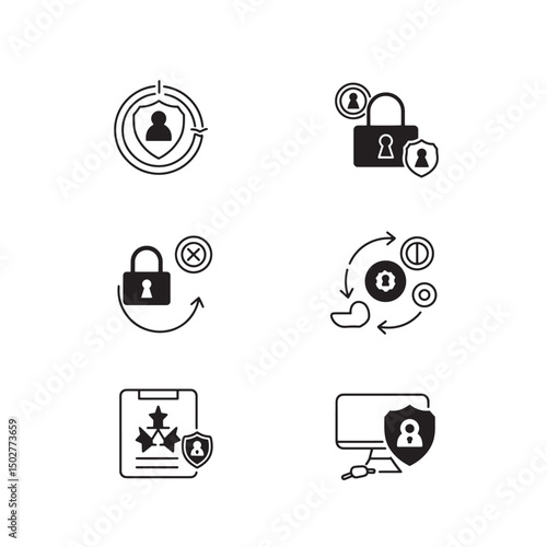 Cybersecurity and data protection icon set in a simple silhouette style