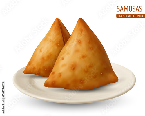 Realistic vector illustration of crispy golden samosas served on a white plate. Traditional Indian snack design. Samosa, Indian food, vector, realistic, snack, fried, golden, appetizer, street food