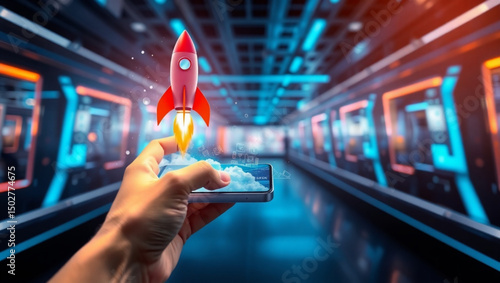 Hand holding phone with rocket launching upwards in a futuristic looking tech environment design created with generated ai