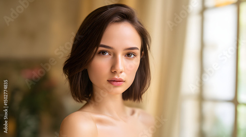Free Download Young woman with radiant skin in soft light, embodying natural beauty and serenity. - GFXLoad