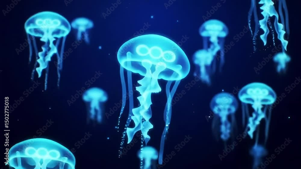 Seamless Loop Animation of Glowing jellyfish in a dark deep-sea environment. Seamless Loop Animation of Glowing jellyfish in a dark deep-sea environment.