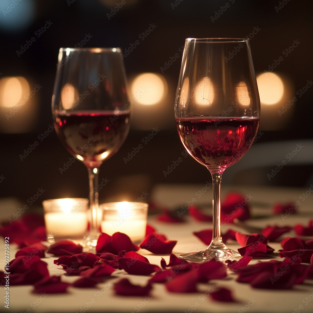 Romantic Candlelight Dinner Setup with Rose Petals and Wine Glasses Romantic Candlelight Dinner Setup with Rose Petals and Wine Glasses