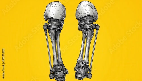 Skeletal Legs Bound by Chains Against Yellow Background