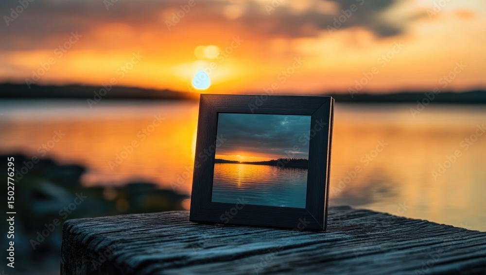 Fototapeta premium Small framed sunset over water on rustic wooden pier