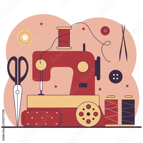 Vector vintage sewing machine icon set with sewing accessories and tools for funny design concept illustration