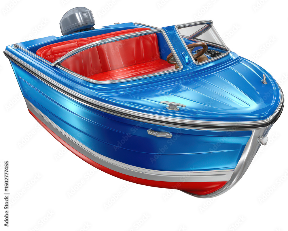 Naklejka premium Vibrant blue and red motorboat with sleek design, featuring shiny exterior and comfortable seating. This boat is perfect for leisurely outings on water, evoking sense of adventure and relaxation