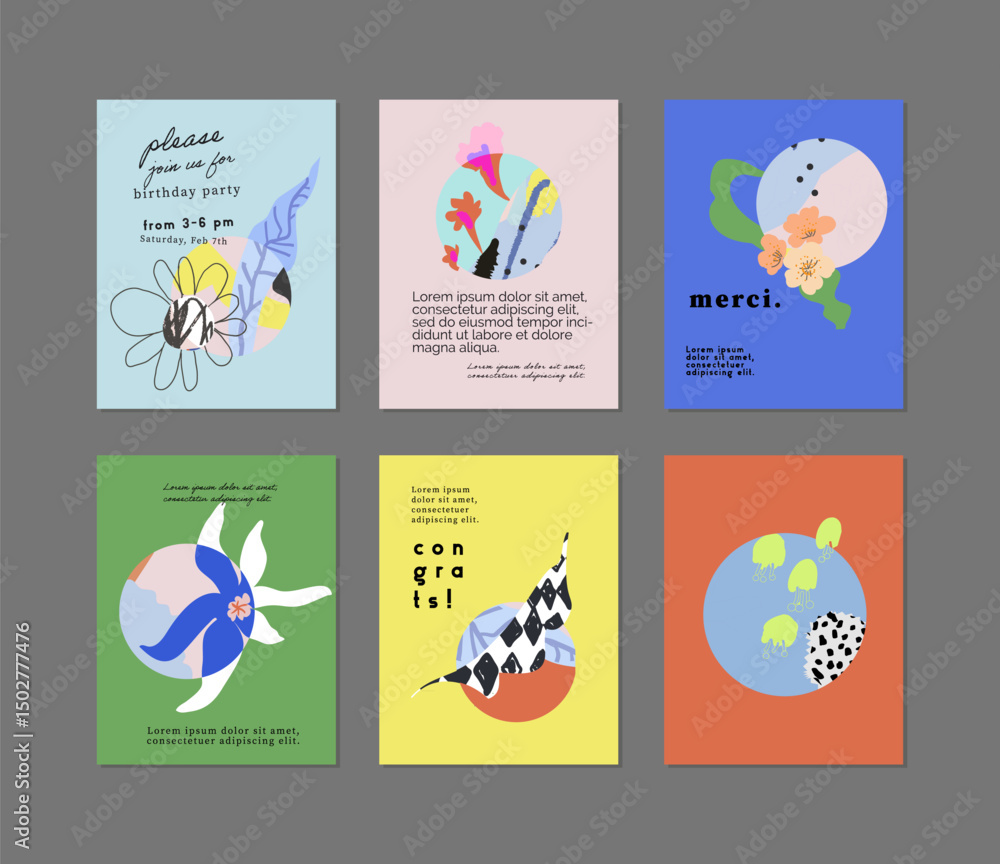 Fototapeta Set of creative floral art posters or cards. Hand Drawn textures. Wedding, anniversary, birthday, Valentin's day, party invitations, covers