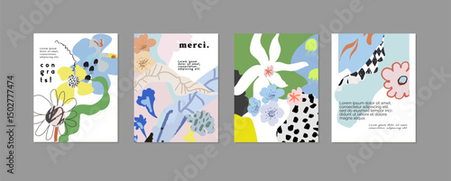 Set of creative floral art posters or cards. Hand Drawn textures. Wedding, anniversary, birthday, Valentin's day, party invitations, covers