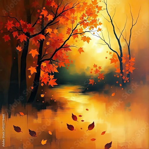 Serene autumn scene with vibrant red and orange maple leaves falling near a calm river at sunset