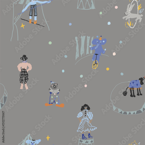 Seamless pattern about circus. Hand drawn vector illustrations