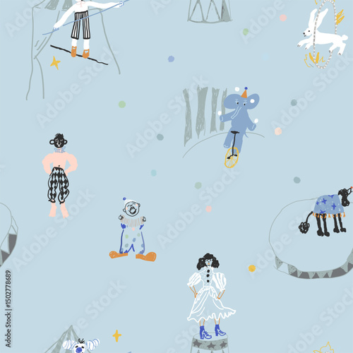 Seamless pattern about circus. Hand drawn vector illustrations