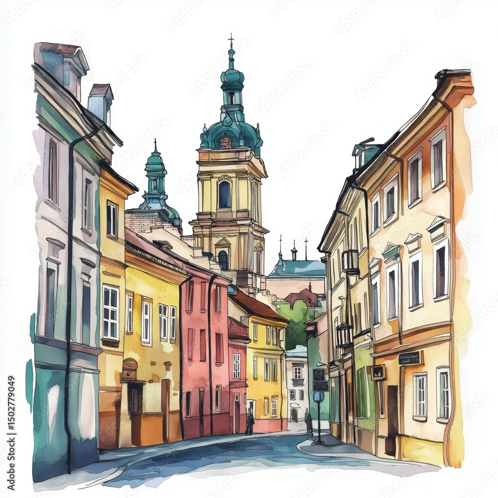 Fototapeta premium Lviv Old Town. Lviv Old Town hand drawn watercolor illustration