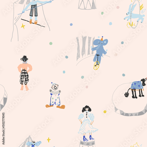 Seamless pattern about circus. Hand drawn vector illustrations