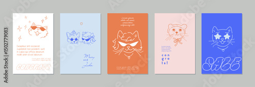 Set of trendy posters or cards with cats. Vector