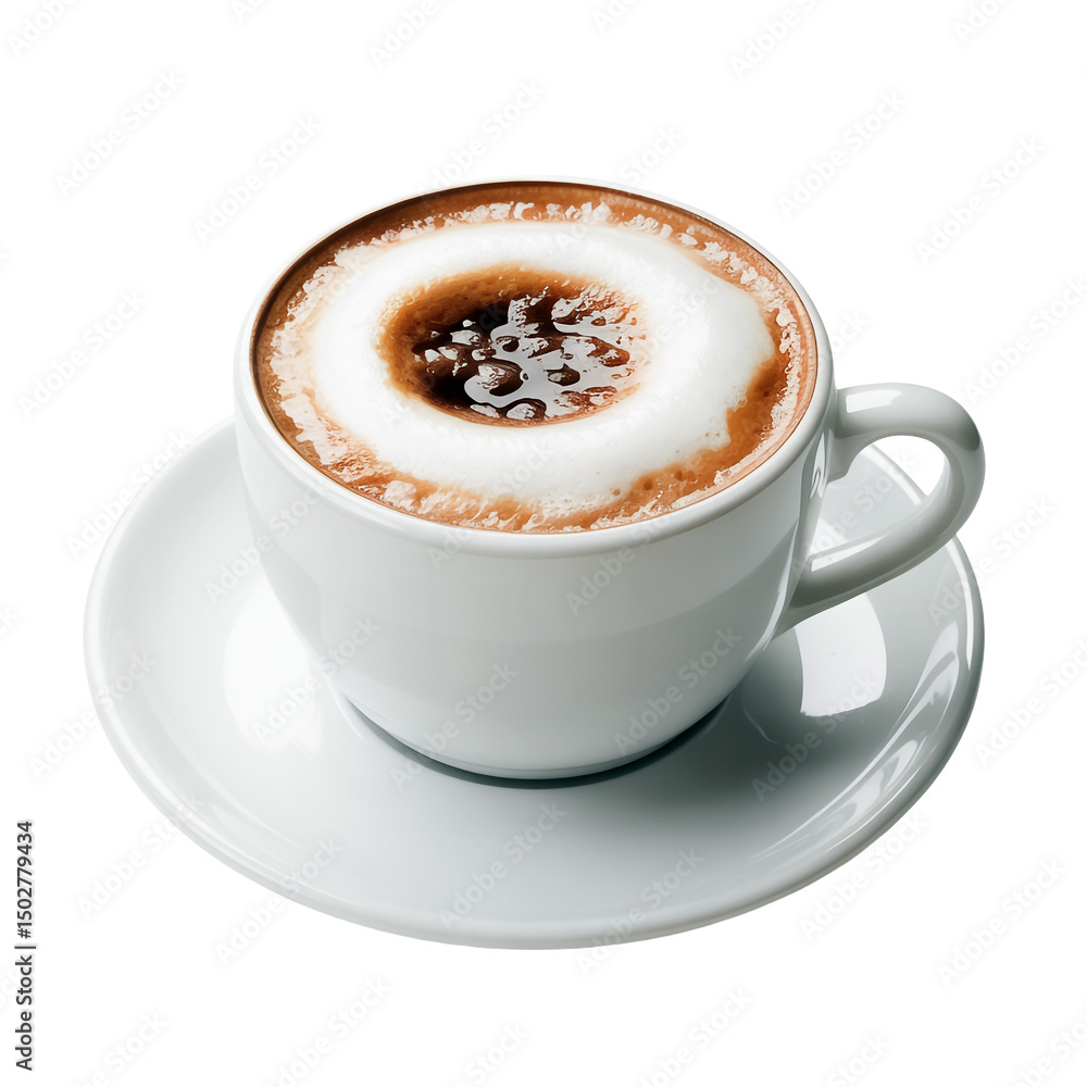 Frothy Cappuccino in White Cup on Saucer Isolated on Transparent Background Frothy Cappuccino in White Cup on Saucer Isolated on Transparent Background