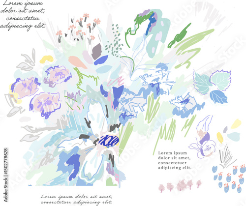 Creative universal floral background. Modern graphic design. Hand Drawn textures. Ideal for web, card, poster, cover, invitation, brochure. Vector