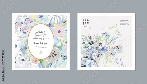 Set of creative floral art posters or cards. Hand Drawn textures. Wedding, anniversary, birthday, Valentin's day, party invitations, covers