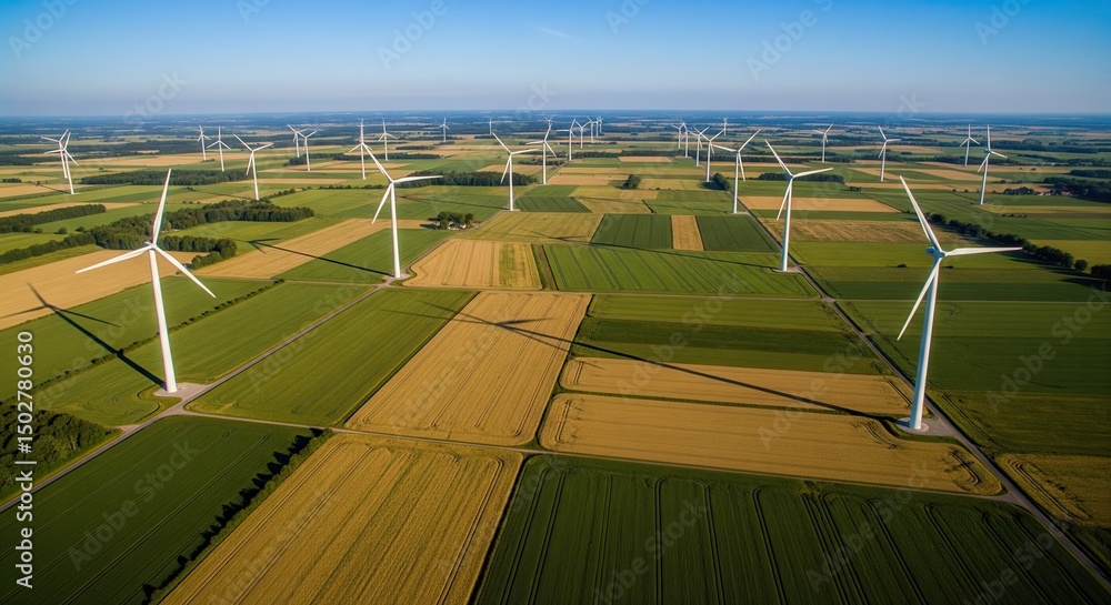 Obraz premium Aerial View of a Wind Turbine Farm Generating Renewable Energy in a Rural Landscape