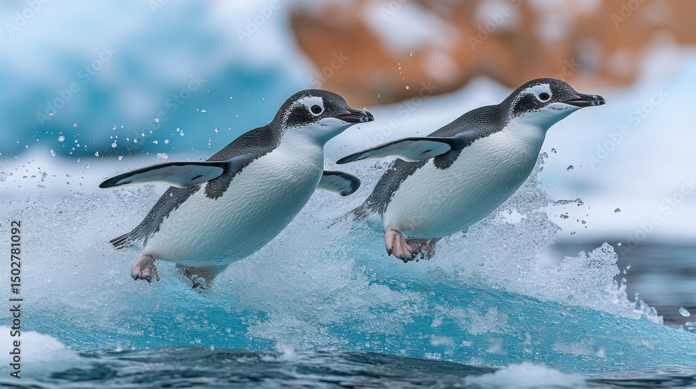 Fototapeta premium Two penguins leap from icy waves