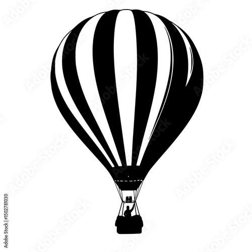 Black and white striped hot air balloon silhouette isolated on transparent background