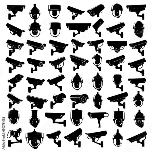 Collection of black security cameras isolated on transparent background