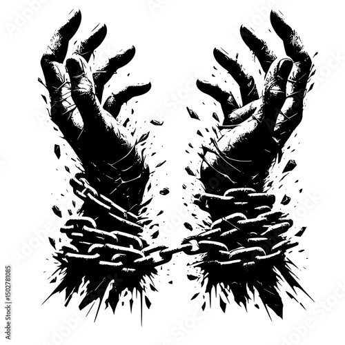 Two hands breaking free from chains isolated on transparent background