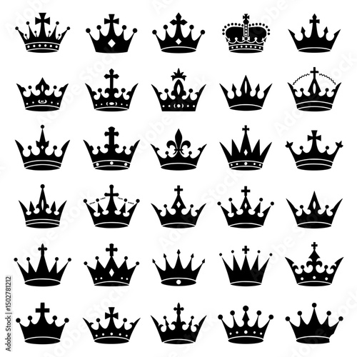 Collection of black crown icons isolated on transparent background