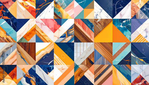 A colorful geometric pattern featuring various textures and colors in a tiled design.
