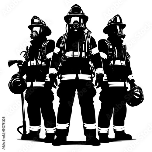 Three firefighters silhouettes with axes isolated on transparent background