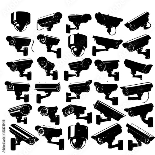 Collection of black security cameras isolated on transparent background