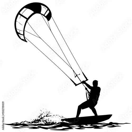 Kitesurfer silhouette action pose isolated on transparent background