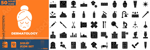 Dermatology Solid Editable Icons set. Vector illustration in modern thin solid style of dermatology icons: Moisture cream, acid, anti wrinkle serum, etc