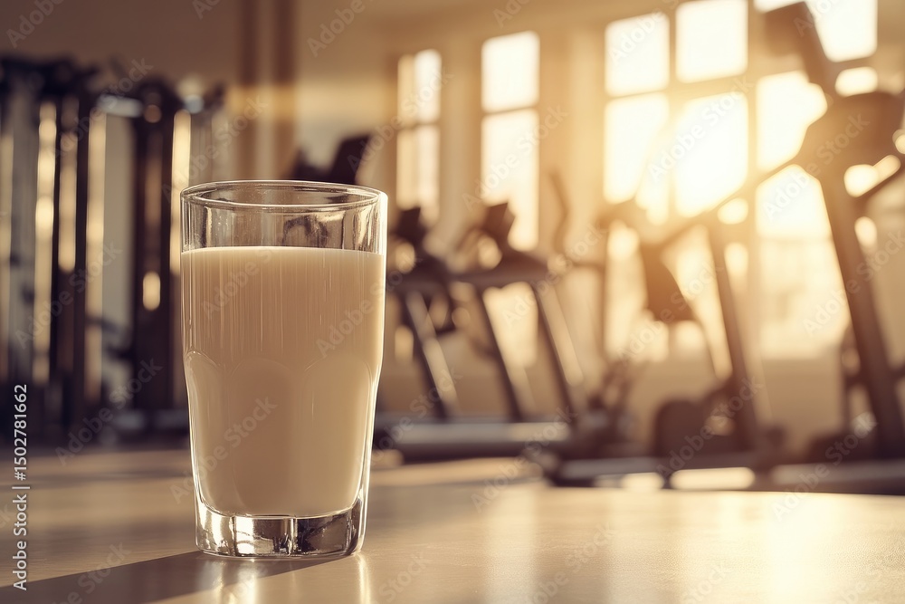 Clear glass of milk on table in gym Clear glass of milk on table in gym