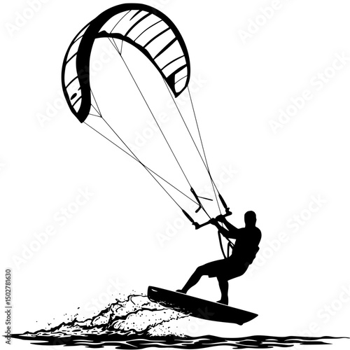 Kitesurfer silhouette action pose isolated on transparent background