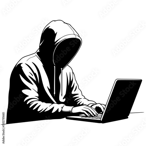Anonymous hacker using laptop computer isolated on transparent background