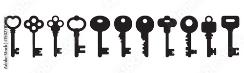 A clean, simple graphic design showcasing various vintage-style key silhouettes.