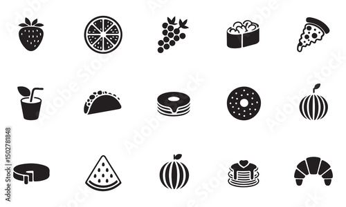A collection of 16 simple, black and white icons representing various food items.