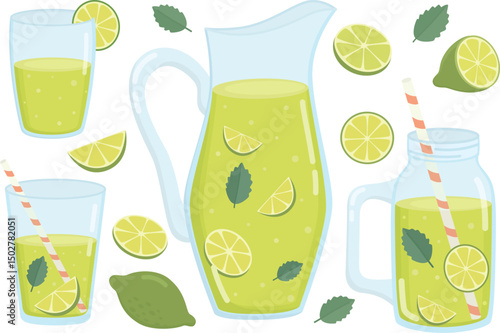 Set with lime lemonade in glass and lime fruits. Illustration with whole, cut in half, slice citrus fruit, mint leaves and pitcher with fresh drink