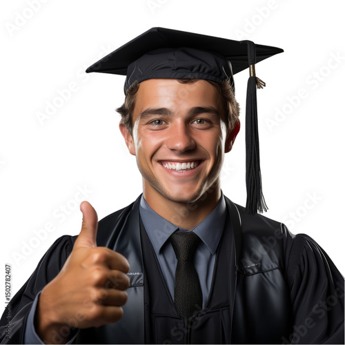 A man in a graduation cap and gown is giving a thumbs up