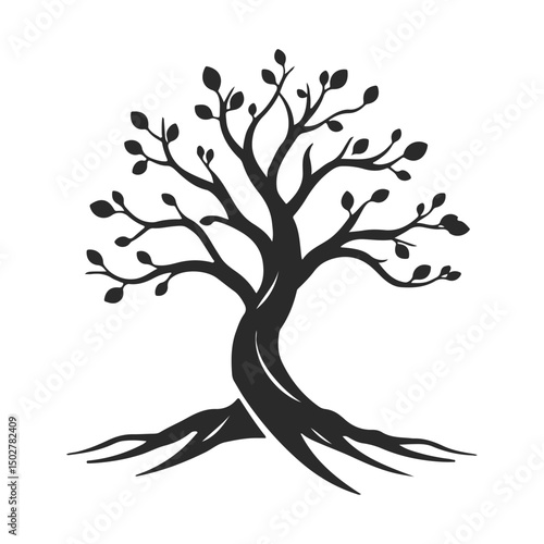 Stylized tree silhouette with curved trunk and leaves, nature emblem for eco design, or logo concept, tree vector silhouette, nature symbol, eco logo, forest emblem