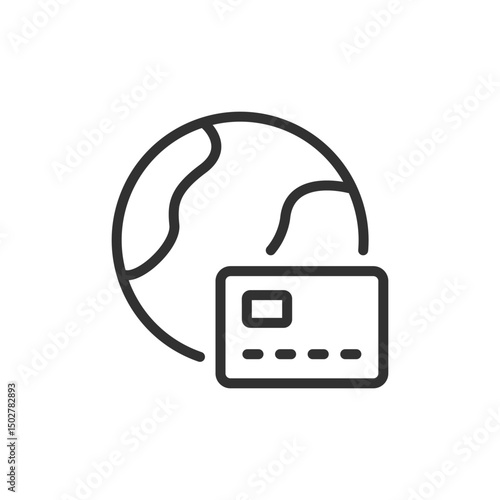 Global banking, linear icon. Worldwide card payment. Line with editable stroke.