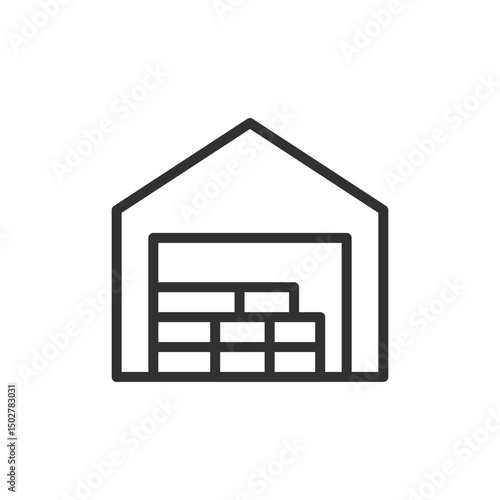 Storage warehouse with planks, linear icon. Timber stock for construction and carpentry. Line with editable stroke.