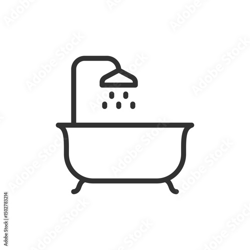 Bathtub with shower, linear icon. Bathroom hygiene and cleaning setup. Line with editable stroke.