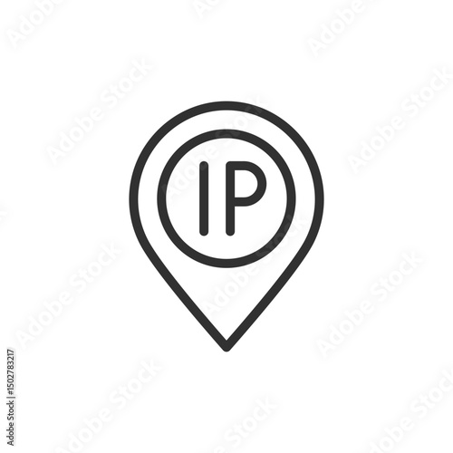 Geolocation pin with IP label, linear icon. Internet protocol and location tracking. Line with editable stroke