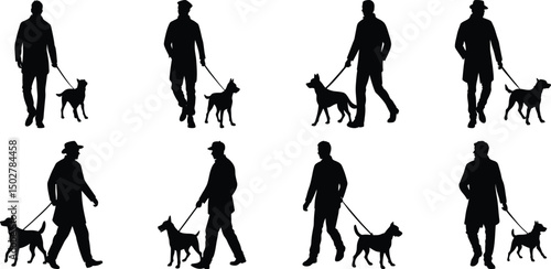 Person walking with dog silhouette set. Collection of vector illustrations on transparent background