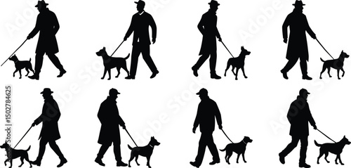 Person walking with dog silhouette set. Collection of vector illustrations on transparent background