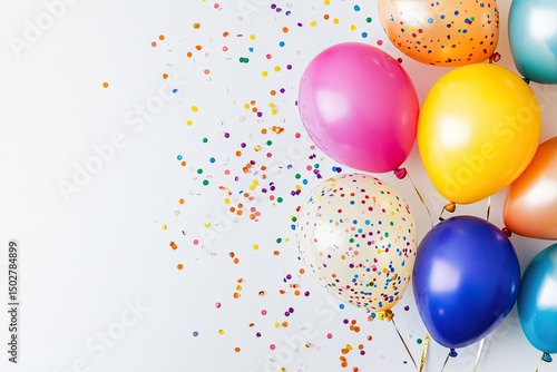 Colorful balloons and confetti on white background