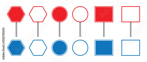 Collection of signs blank Blue and red road sign or Empty traffic signs isolated on white background. Objects clipping path