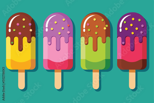Colorful popsicles with dripping toppings on a mint background