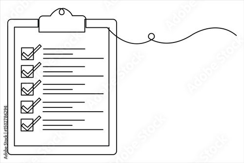 Continuous one line art drawing of clipboard with a checklist design. clipboard with a checklist one line vector illustration
